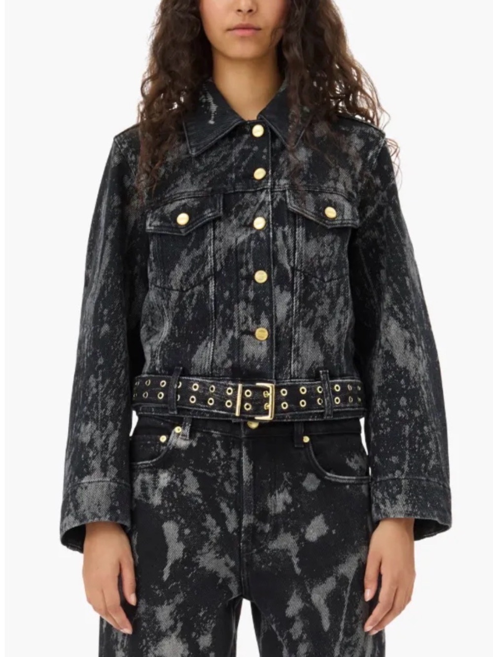 Ganni Black & Gray Acid-Wash Denim Jacket with Studded Belt, Size 42